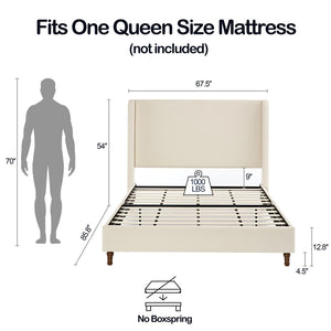 English Elm Carmen Wingback Queen Platform Bed Ivory Chenille Upholstered 54 Inch Tall Headboard B191P465309
