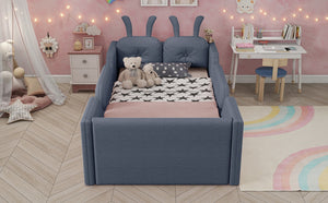English Elm Twin Kids Platform Bed Teddy Fabric Upholstered with Bunny Cushions and Safety Rails Gray W2593P395809