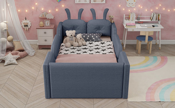 English Elm Twin Kids Platform Bed Teddy Fabric Upholstered with Bunny Cushions and Safety Rails Gray W2593P395809