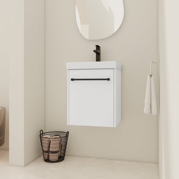 English Elm 18'' Floating Wall-Mounted Bathroom Vanity with Ceramic Sink, Soft-Close Door & Space-Saving Design Glossy White W999P236348