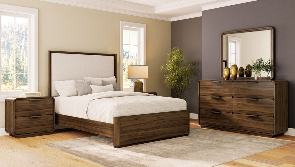 English Elm Queen Upholstered Headboard Bed Walnut Veneer Frame Transitional Bedroom Furniture B2699S00063