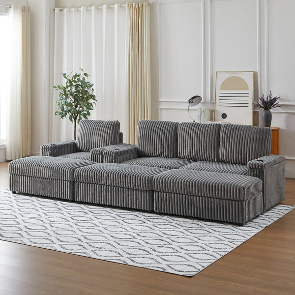 English Elm Corduroy minimalist coffee table conversion sofa set with cup grooves, recliner comfort and L-shaped layout for hosting Grey W834S00548