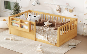 English Elm Twin Low Profile Kids Floor Bed Pine Wood Frame with Safety Rail and Built in Bookshelf Natural W1580P373137