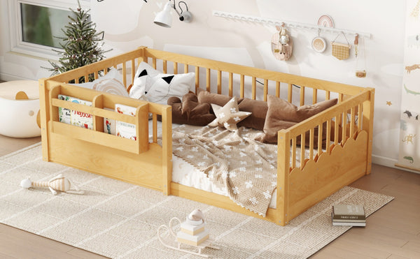 English Elm Twin Low Profile Kids Floor Bed Pine Wood Frame with Safety Rail and Built in Bookshelf Natural W1580P373137