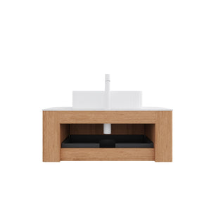 English Elm Dina Floating Bathroom Vanity Sintered Stone Top Glass Basin Striped Plywood Cabinet W2615S00161