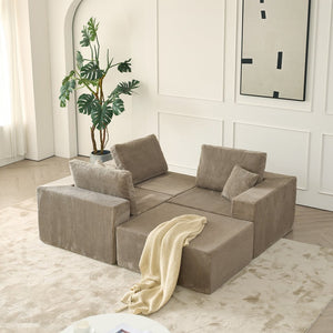 English Elm 110" Cloud Modular Sectional Sofa Boneless Corduroy 3-Seater with Ottoman & 2 Pillows, No Assembly, Luxurious Comfort Grey W2656S00009