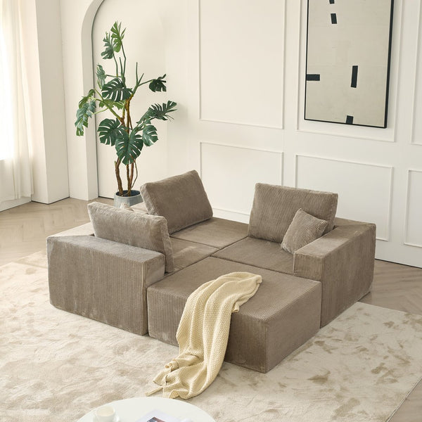 English Elm 110" Cloud Modular Sectional Sofa Boneless Corduroy 3-Seater with Ottoman & 2 Pillows, No Assembly, Luxurious Comfort Grey W2656S00009