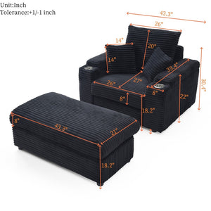 English Elm Oversized Corduroy Accent Chair with Ottoman Neck Pillow and Wide Armrests for Cozy Reading Black W1117S00248
