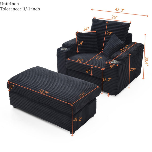 English Elm Oversized Corduroy Accent Chair with Ottoman Neck Pillow and Wide Armrests for Cozy Reading Black W1117S00248