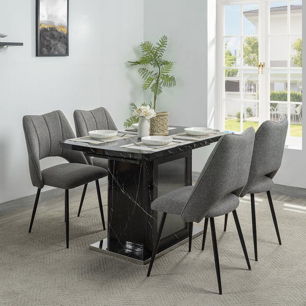 English Elm 47.24"-63"Modern Rectangle Dining Table with Extendable Top, Printed Marble Look, Sturdy Steel Base & Storage Black W757P331963