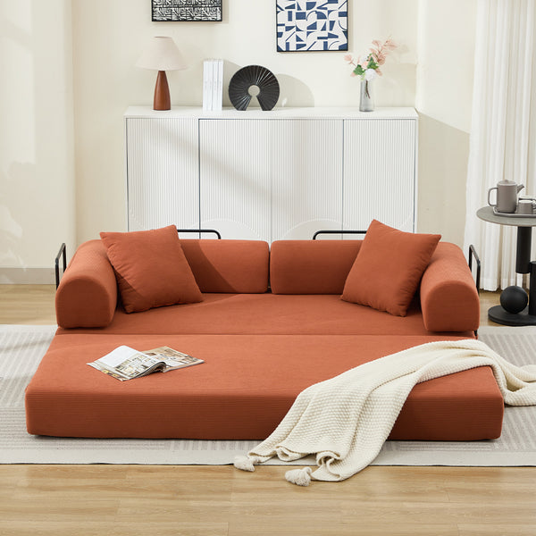 English Elm Folding Corduroy Sofa Bed 78.5" Convertible 3-Seater to Bed with 2 Pillows, No Assembly, Orange W2915P391458