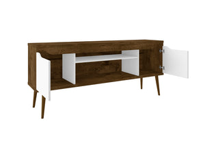 English Elm Bradley Rustic Brown And White 63" Tv Stand With Soft-Close Doors, Open Shelving, And Stylish Legs B365P398368