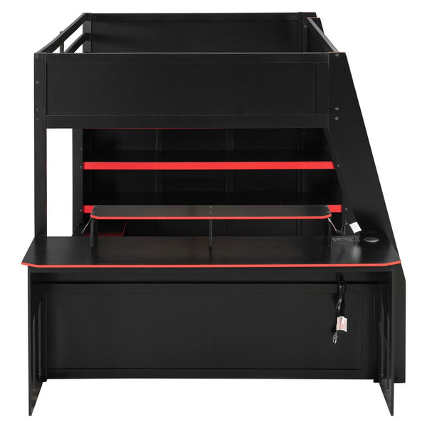 English Elm Full Size Wood Loft Bed with Rgb Lighting Desk and Multi-tier Shelves for Gaming Red LT000374AAR