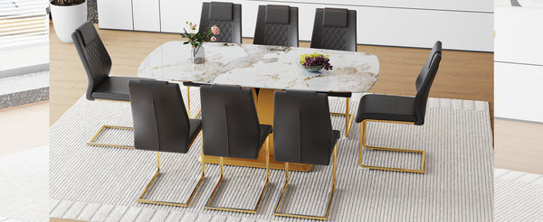 English Elm Table Set: Luxurious 71" Pandora Glass Dining Table With Golden Legs & 8 Stylish Black Pu Chairs W1151S03226-GIGA