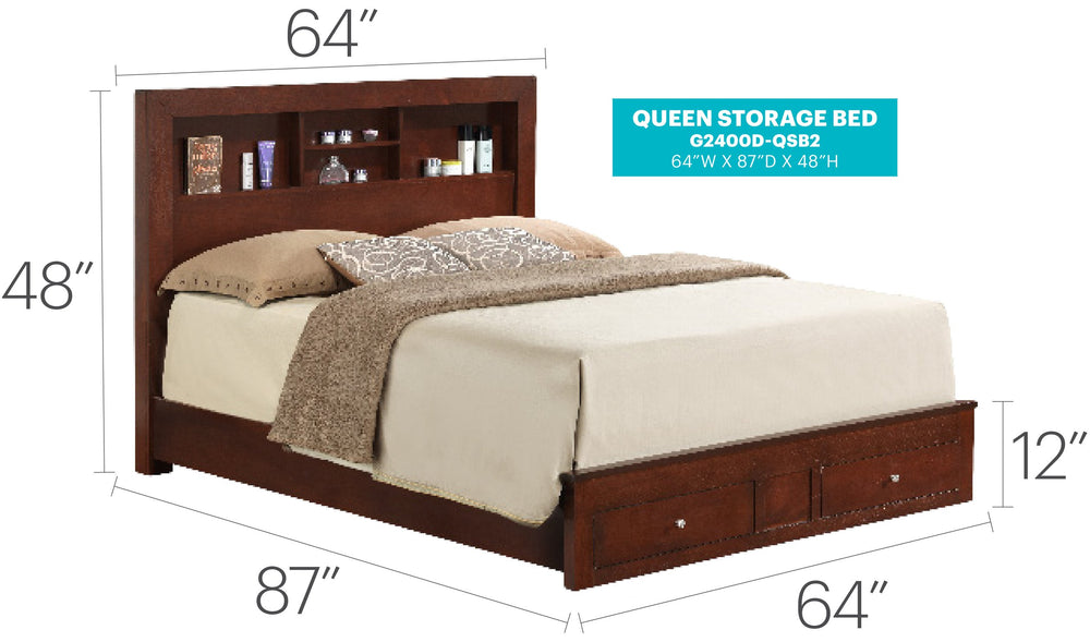 English Elm King Storage Bed Cherry Finish with Built-In Drawers, 48"H x 80"W x 87"D, Sturdy Transitional Design B078S00234