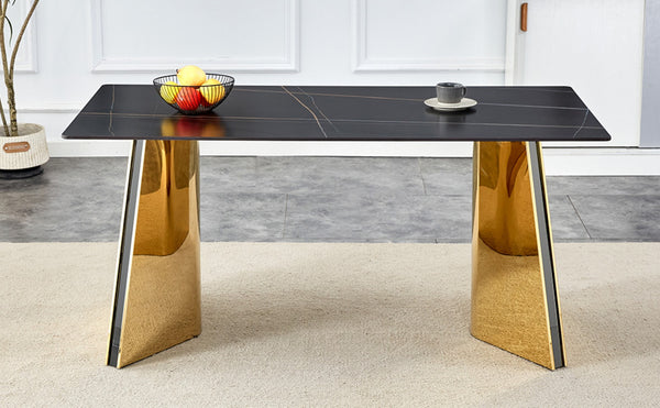 English Elm 63"x31.5x30" Marble Slab Rectangular Dining Table with Sculptural Butterfly Stainless Legs Black,Gold W1151S04617