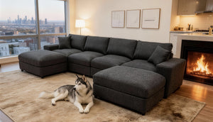 English Elm Sectional with Ottomans Low Profile Modern Minimalist Sofa for Open Living Rooms B2748S00090