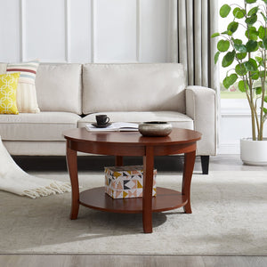 English Elm Traditional Round Coffee Table with Open Shelf, 2-Tier Solid Wood Accent Table for Small Spaces Walnut W1693P216929
