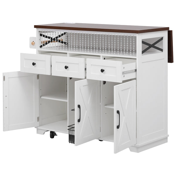 English Elm K&K 46.5'' Farmhouse Kitchen Island Cart with Beaded Drapes, Drop Leaf, Power Hub, Ample Storage White N707P254872W