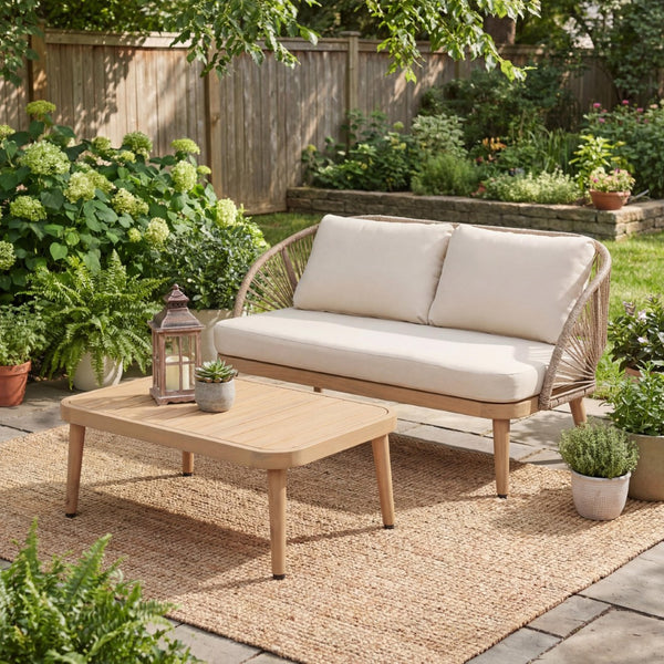 English Elm 2-piece Acacia Outdoor Loveseat Set with Rope Detailing and Weather Resistant Cushions N767P368977L