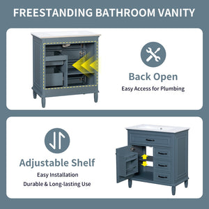 English Elm 30 Inch Freestanding Bathroom Vanity Solid Pine Cabinet Ceramic Sink Top Storage Blue Gray N725P412782C