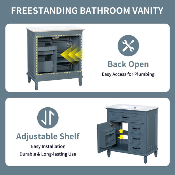 English Elm 30 Inch Freestanding Bathroom Vanity Solid Pine Cabinet Ceramic Sink Top Storage Blue Gray N725P412782C