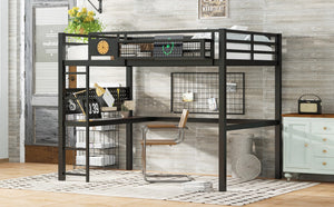 English Elm Twin Xl Solid Pine Loft Bed with Built-in Led Lighting and Storage Shelves W1580S00376