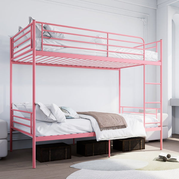 English Elm Bunk Bed Twin Over Iron Frame with Full Guardrail Ladder and Under Storage Pink W3752P412406
