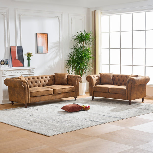 English Elm 83"Chesterfield Plush Tech Fabric Sofa with Roll Armrests, Mid-Century Upholstered 3-Seater Comfort Durable Frame Brown W3373S00002