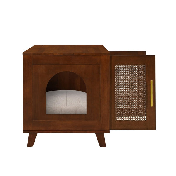 English Elm Lars Rubberwood Rattan Dog Crate Cabinet Stylish Pet Kennel for Living Room Walnut N775P397559W
