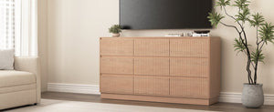English Elm 9 Drawer Matte Wood Dresser with Wave Front Mid Century Modern Low Profile Storage Natural W409P387580