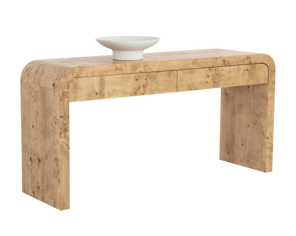 Sunpan ROWENA Console Table – Modern Burl Veneer Entryway Table with Sculptural Design for Sophisticated Decor 112668