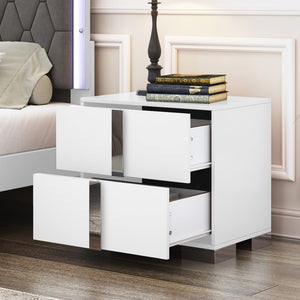 English Elm Elegant Nightstand With Metal Handle,Mirrored Bedside Table With 2 Drawers For Bedroom,Living Room,White