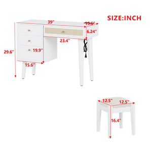 English Elm 39" Retro Bohemian Makeup Vanity Set with Rattan Drawers, USB Charging Port, Cushioned Stool, 4-Drawer Storage White 44.1 L x 18.75 W x 10.5 H N733P180011K