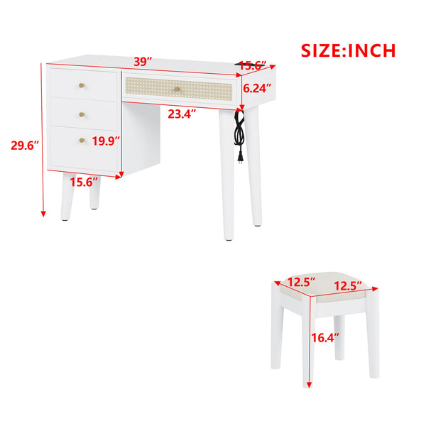 English Elm 39" Retro Bohemian Makeup Vanity Set with Rattan Drawers, USB Charging Port, Cushioned Stool, 4-Drawer Storage White 44.1 L x 18.75 W x 10.5 H N733P180011K