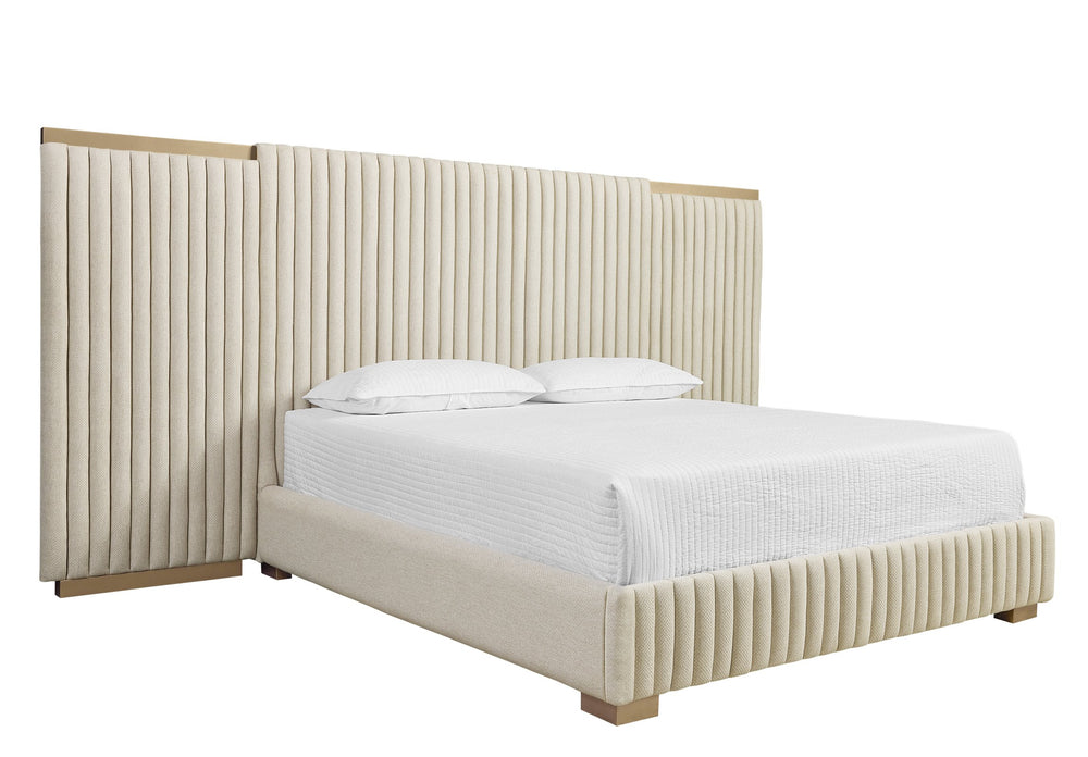 Sunpan Tarrant King Bed in Monument Oatmeal with Gold Steel Hardware - Stylish Tufted Elegance