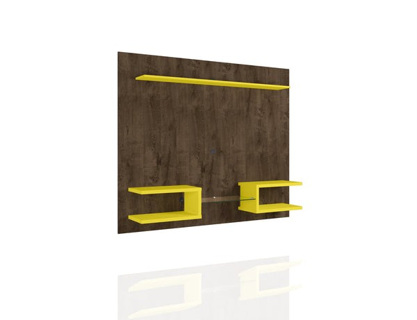 English Elm Plaza 64" TV Panel with Overhead Display Shelf, Glass Media Divider, Wire-Management & Mounting Hardware Brown+Yellow B365P398348