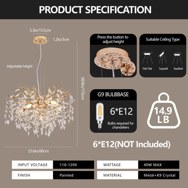 English Elm Modern Gold Crystal Branch Chandelier Sculptural 6-light Fixture for Dining Rooms W1340P461543