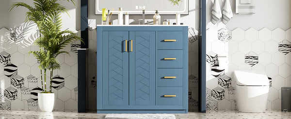English Elm 36'' Bathroom Vanity with Ceramic Sink Combo Solid Wood Frame Soft-Closing Drawers Ample Storage Elegance Indigo N710P243327M