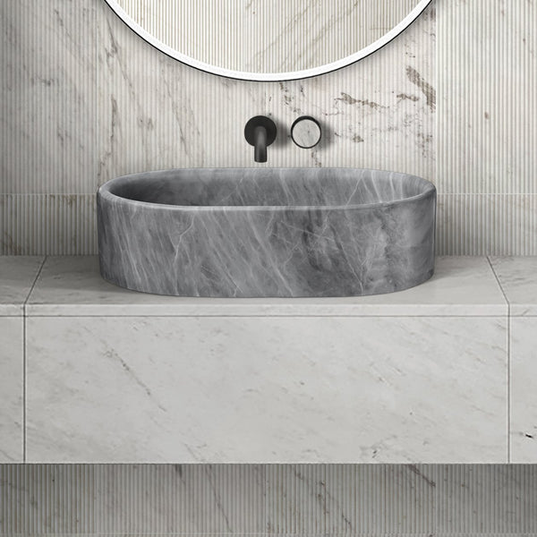 English Elm Carrara Gray Marble Vessel Sink – Semi-Polished Natural Stone, Elegant Design For Luxe Bathrooms W1696P333274