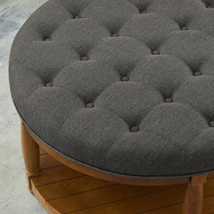 English Elm Large Tufted Linen Round Ottoman with Wood Shelf Neutral Footrest for Living Rooms W2186P400510
