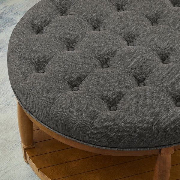 English Elm Large Tufted Linen Round Ottoman with Wood Shelf Neutral Footrest for Living Rooms W2186P400510