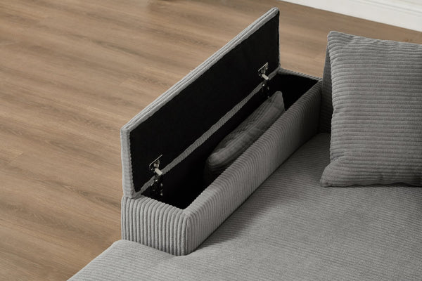 English Elm 111" Corduroy L-Shape Sectional Sofa with Convertible Chaise, Arm Storage, Reversible Cushions, Grey - Durable Solid Wood Frame, 900lb Capacity W1097S00159