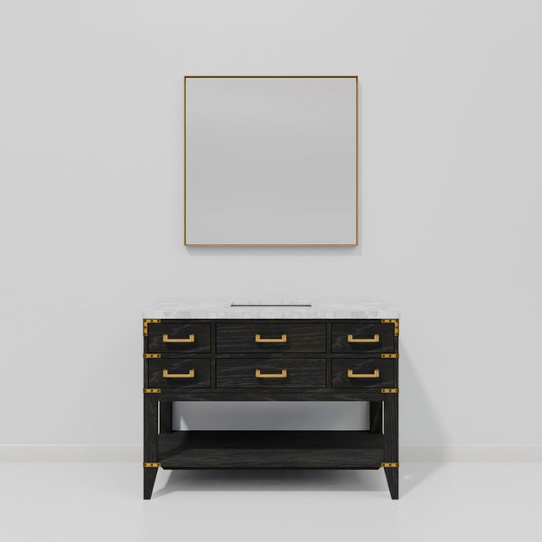 English Elm Black Oak Single Bath Vanity Set With Carrara Marble Top & Coordinating 46" Mirror For Elegance B2731S02134
