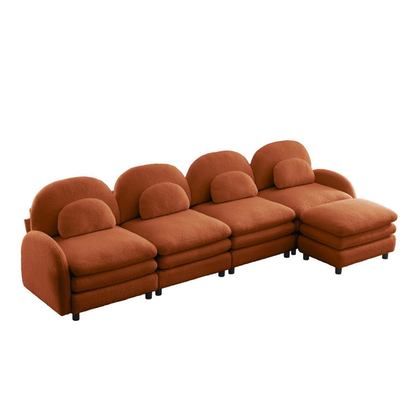 English Elm Teddy Fleece Curved Modular Sectional Sofa with Ottoman Four Seat Cloud Comfort Orange W5656S00103