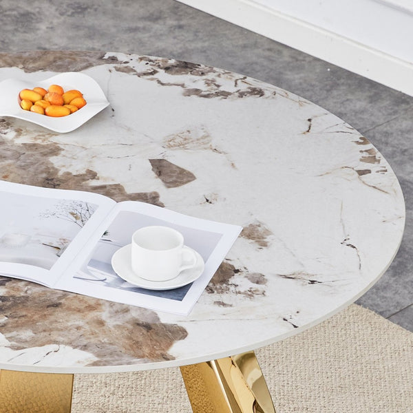 English Elm Table 5-Piece Dining Set: 42-Inch White Imitation Marble Round Top With 4 Chic Black Chairs & Gold Legs W2920S00051-GIGA