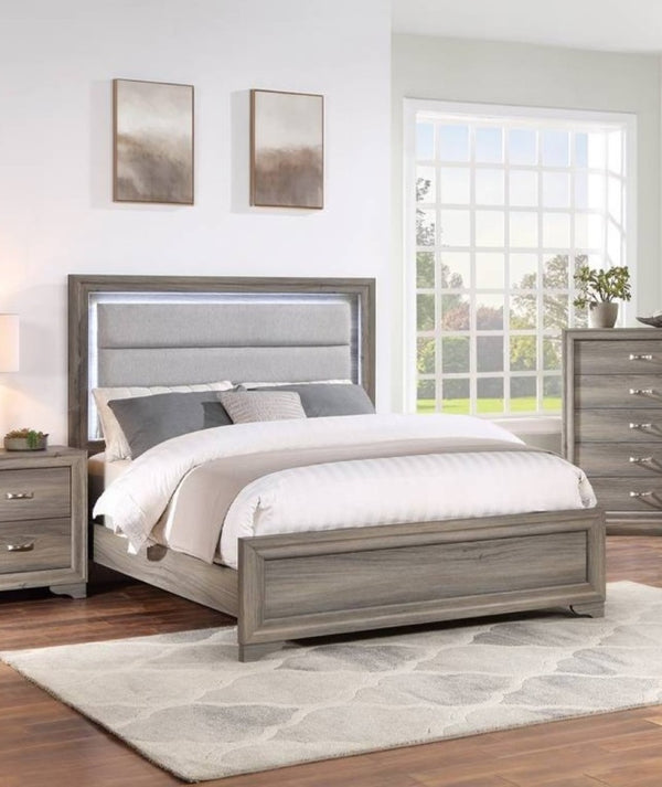 English Elm 1pc Eastern King Burlap Upholstered Bed with Led Headboard and Low Profile Frame B011S02081