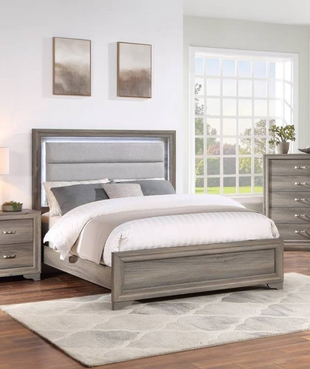 English Elm Elegant Queen Platform Bed Bonded Leather Tufted Headboard with Led Ambient Lighting B011S02080
