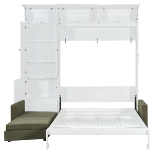 English Elm Queen Murphy Bed with L-shaped Velvet Sofa Storage Cabinets for Studio Living White LP000765AAG-1