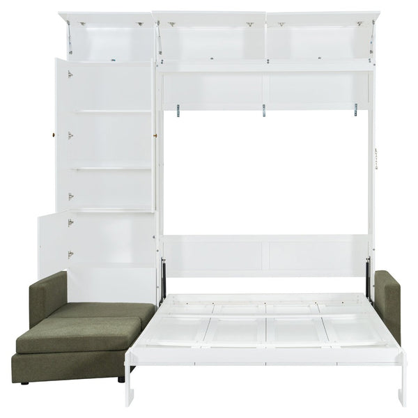English Elm Queen Murphy Bed with L-shaped Velvet Sofa Storage Cabinets for Studio Living White LP000765AAG-1